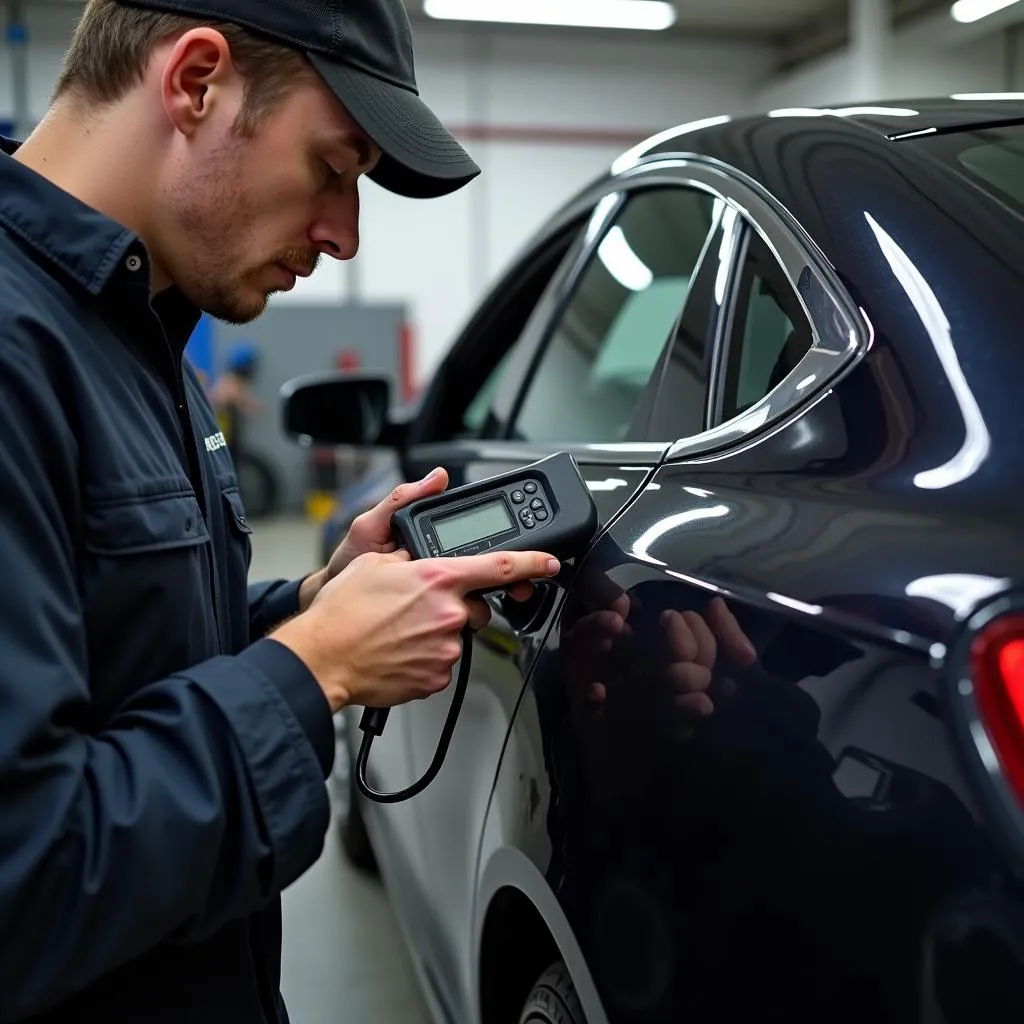 Mechanic using an OBD scanner on a Chrysler 200