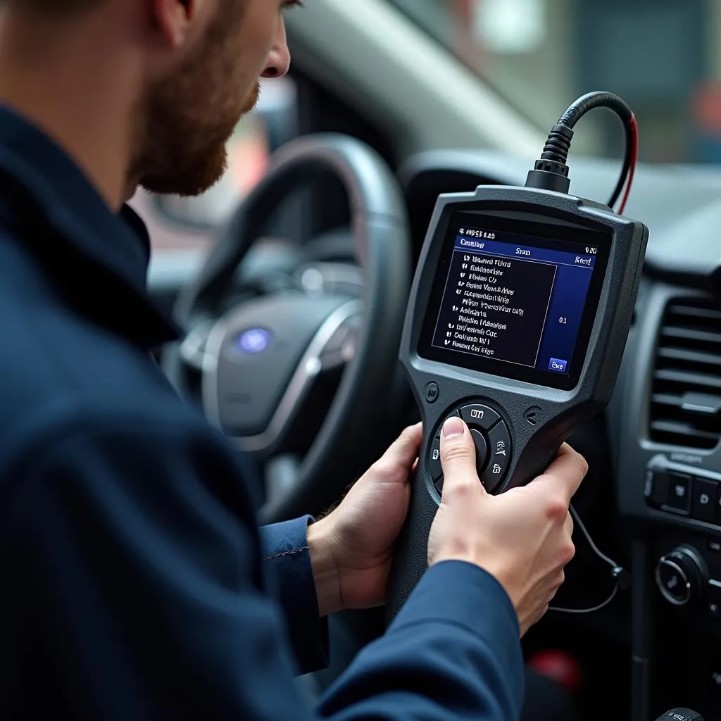 Mechanic Connecting Scan Tool to Ford Focus