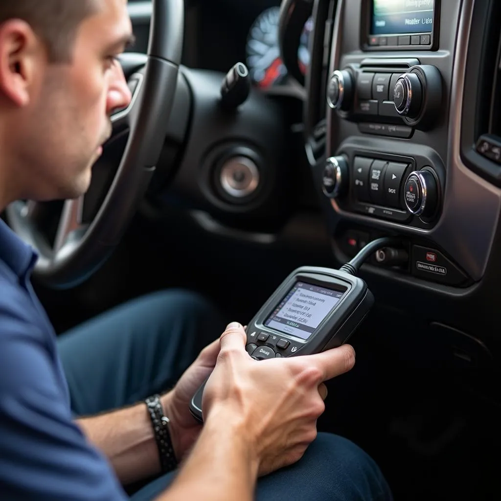 Mechanic Diagnosing OBD Port on 2013 Chevy Silverado 2500