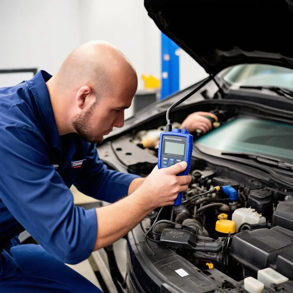 Mechanic diagnosing a car with a diagnostic tool