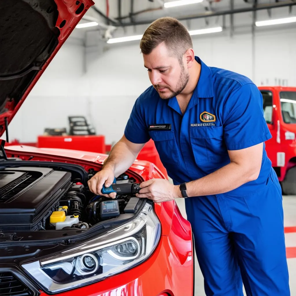 Mechanic Diagnosing Car