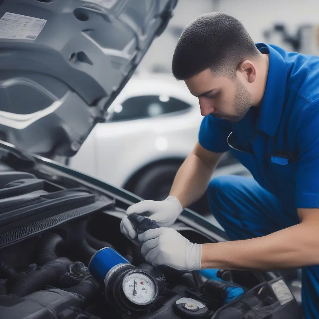 Mechanic examining car engine