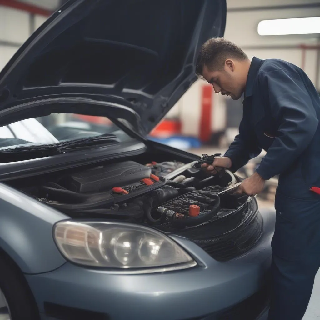 Mechanic inspecting engine bay