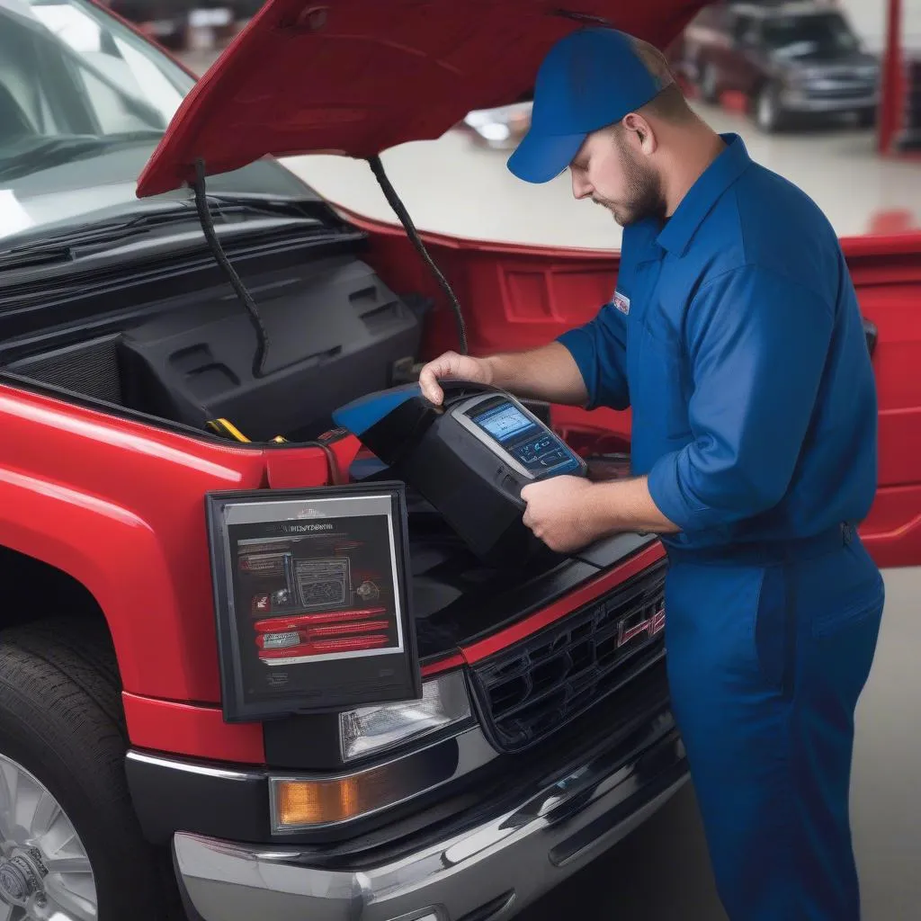 Mechanic using a diagnostic tool on a GMC vehicle.