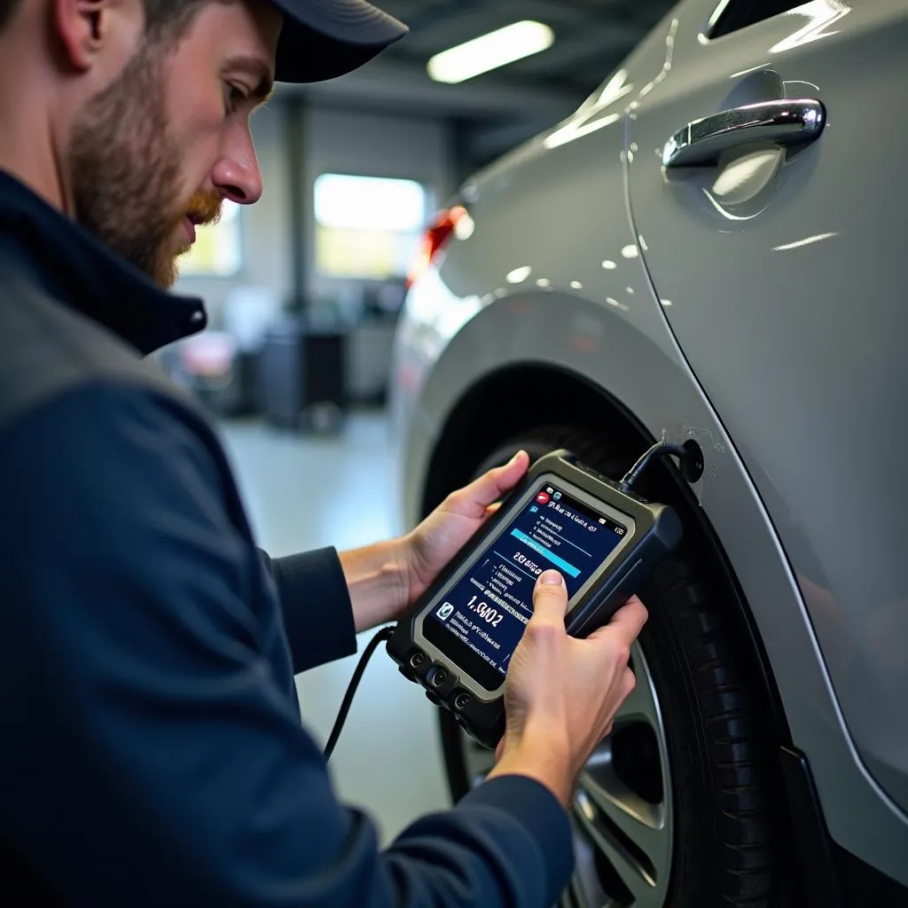 Mechanic diagnosing car using an OBD-II scanner