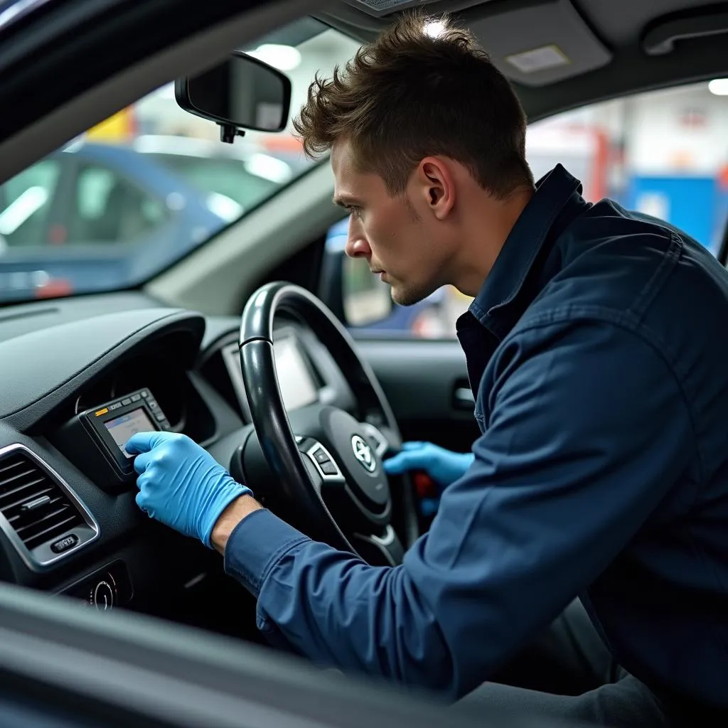 Mechanic using a diagnostic tool on a car