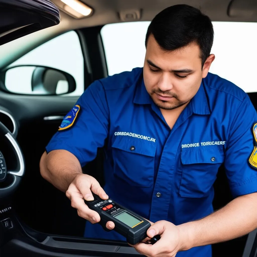 Mechanic Diagnosing Car with Scanner