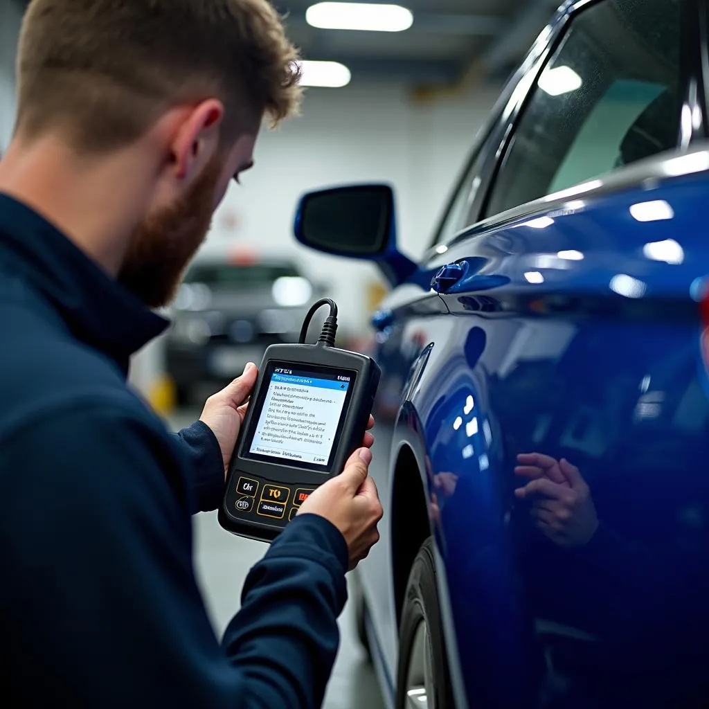 Mechanic Diagnosing Car with Scanner