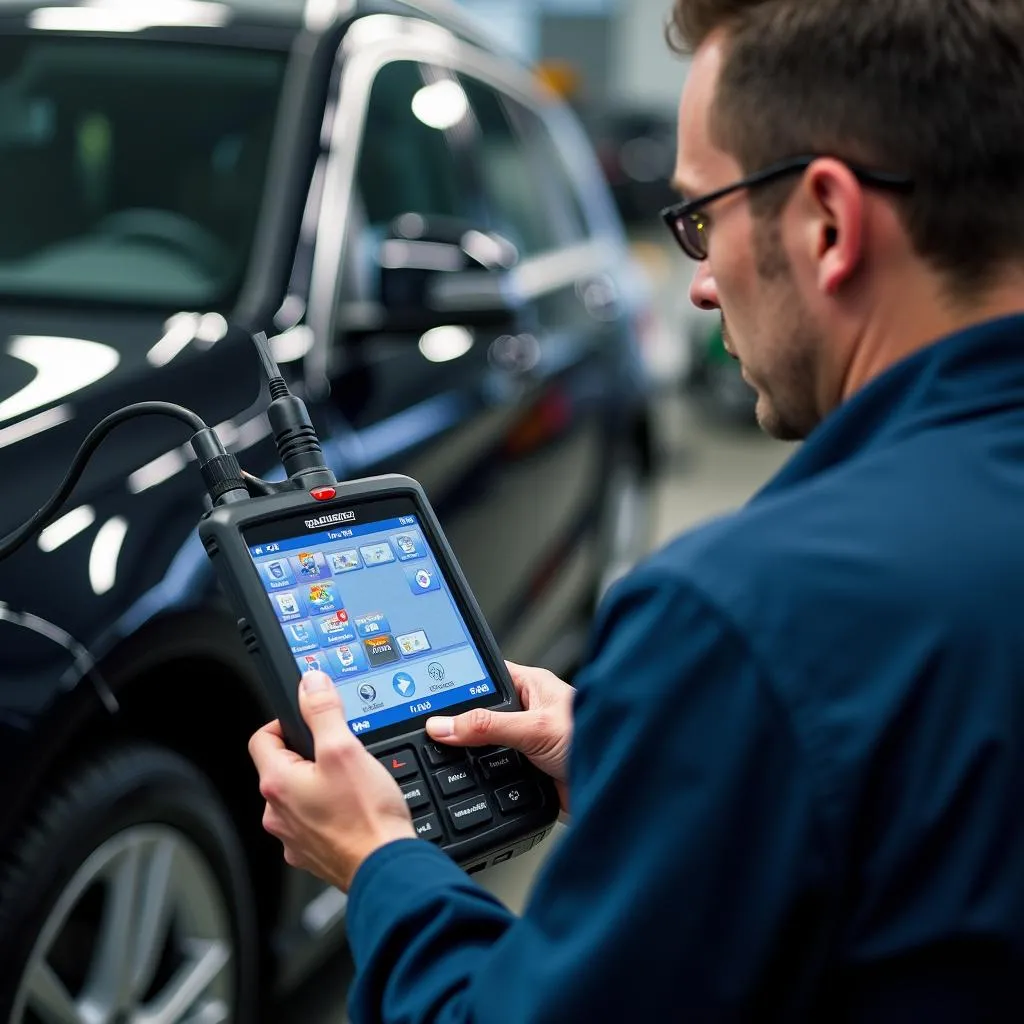 Mechanic Diagnosing Car with Scanner