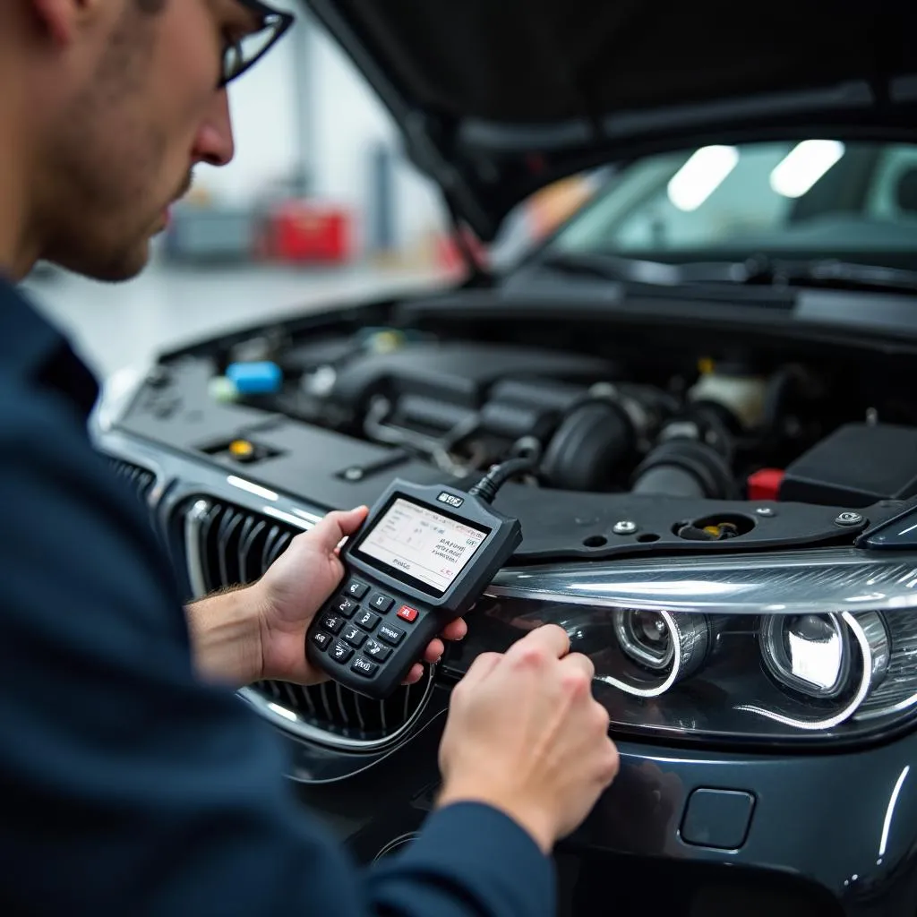 Mechanic Diagnosing Car With OBD-II Scanner