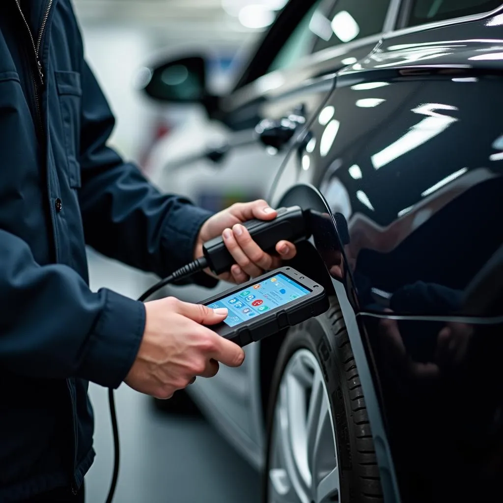 Mechanic diagnosing a European car