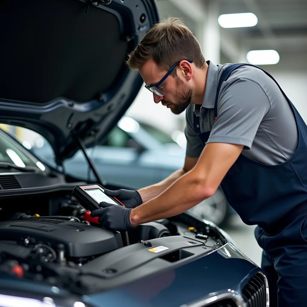 Mechanic using a diagnostic tool on a European car engine