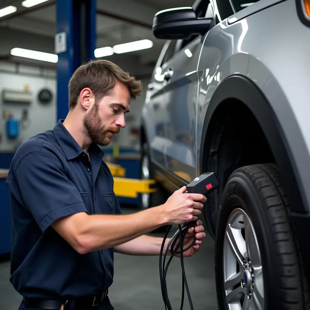 Mechanic diagnosing issues on a Ford Explorer