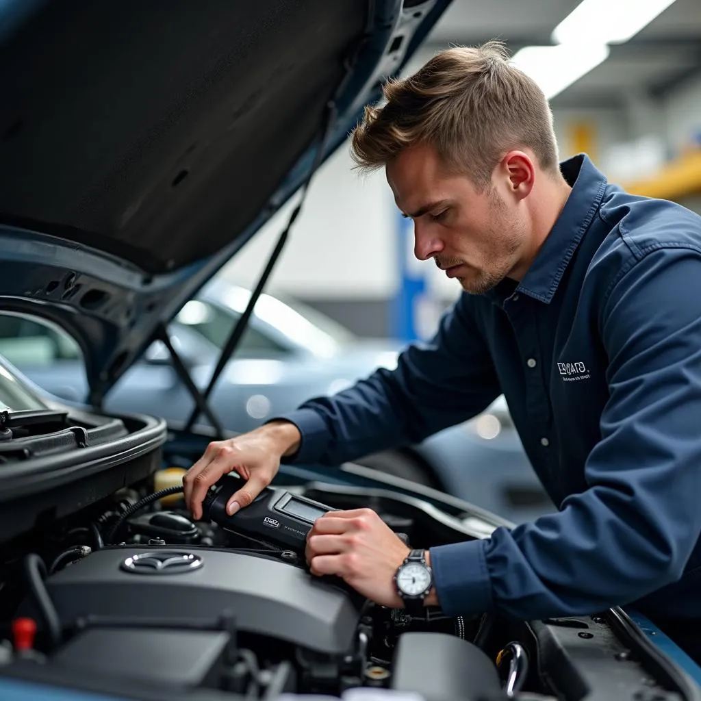 Mechanic using a diagnostic scanner on a Mazda engine