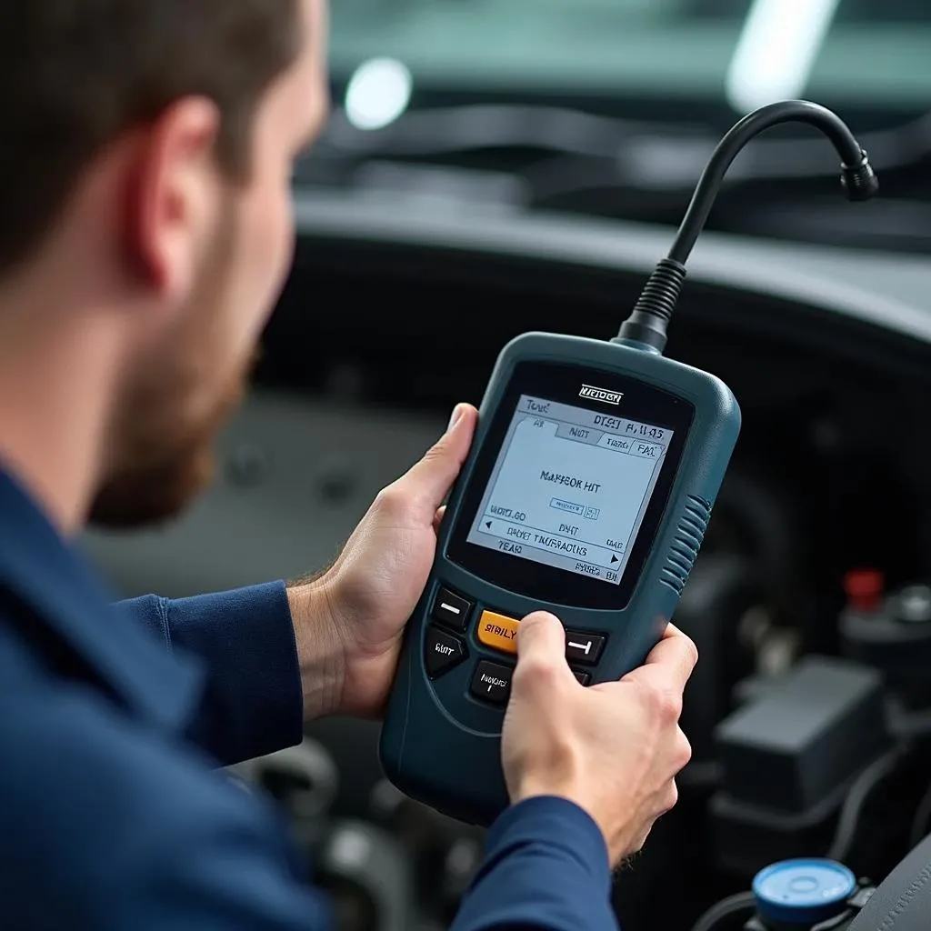 Mechanic diagnosing car with OBD scanner