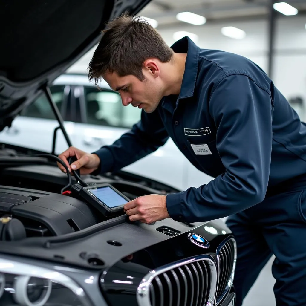 Experienced mechanic using diagnostic equipment to identify the source of PH3506 error on a European car