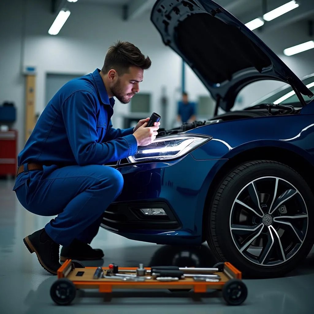 Mechanic examining a car engine