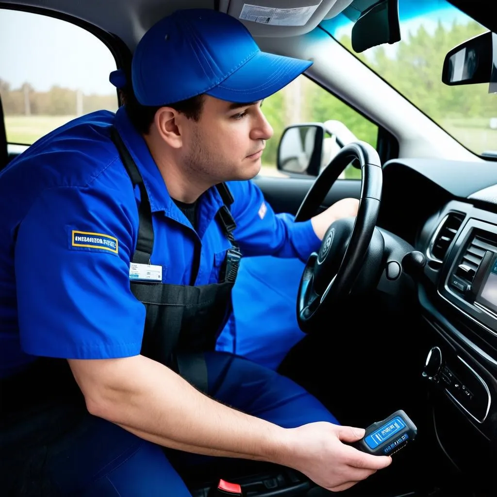 Mechanic examining an OBD port