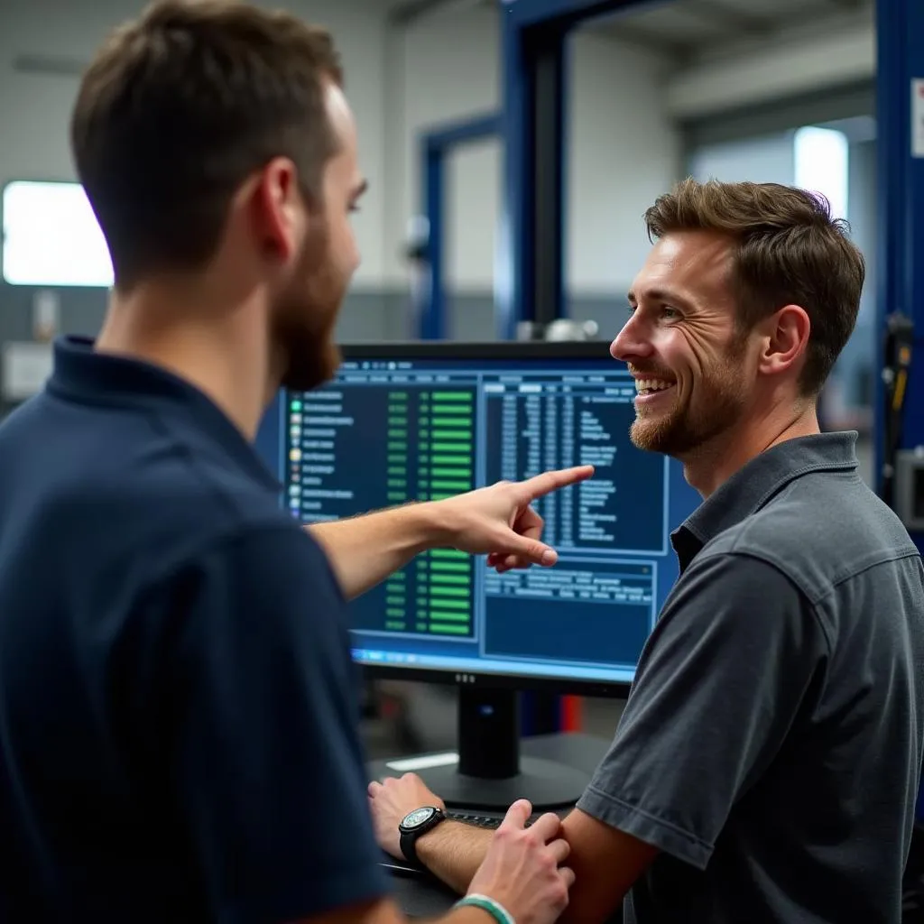 Mechanic Explaining Car Diagnostics to Customer