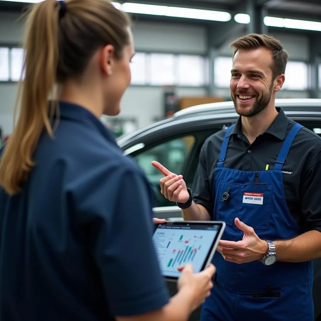 Mechanic Explaining Car Diagnostics to Customer