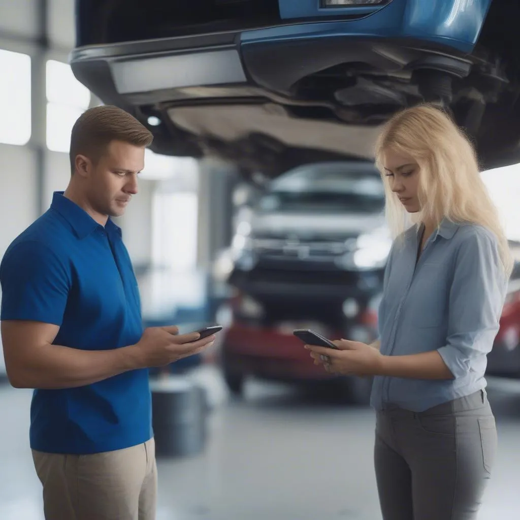 Mechanic explaining car diagnostics with phone to a customer