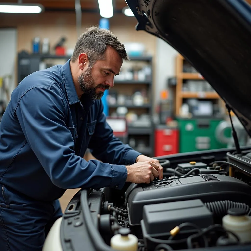 Mechanic Inspecting the Engine of a 1994 Lincoln Continental