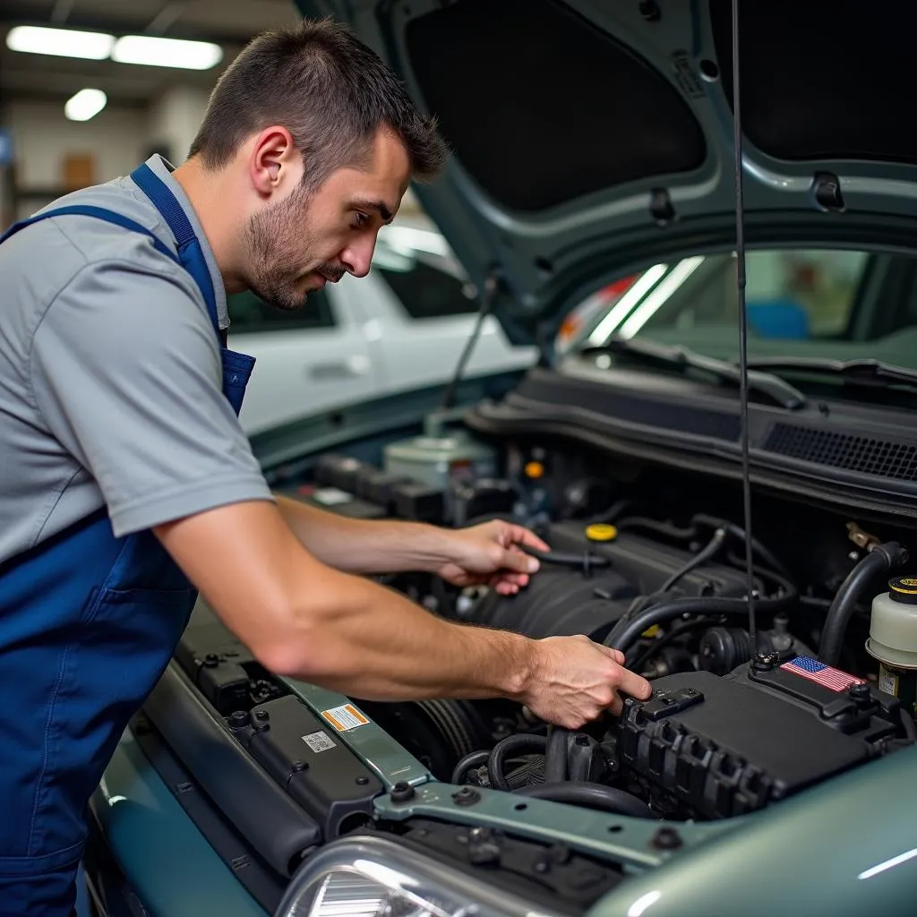 Mechanic Inspecting 2002 Saturn L200 Engine Bay