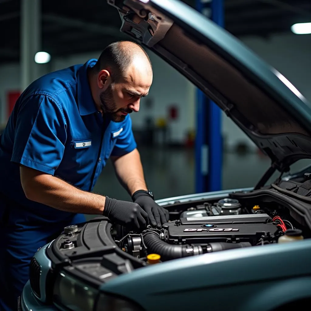 Mechanic Inspecting BMW Engine Bay