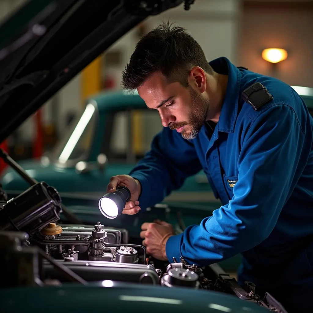 Mechanic inspecting a brum car engine for sale