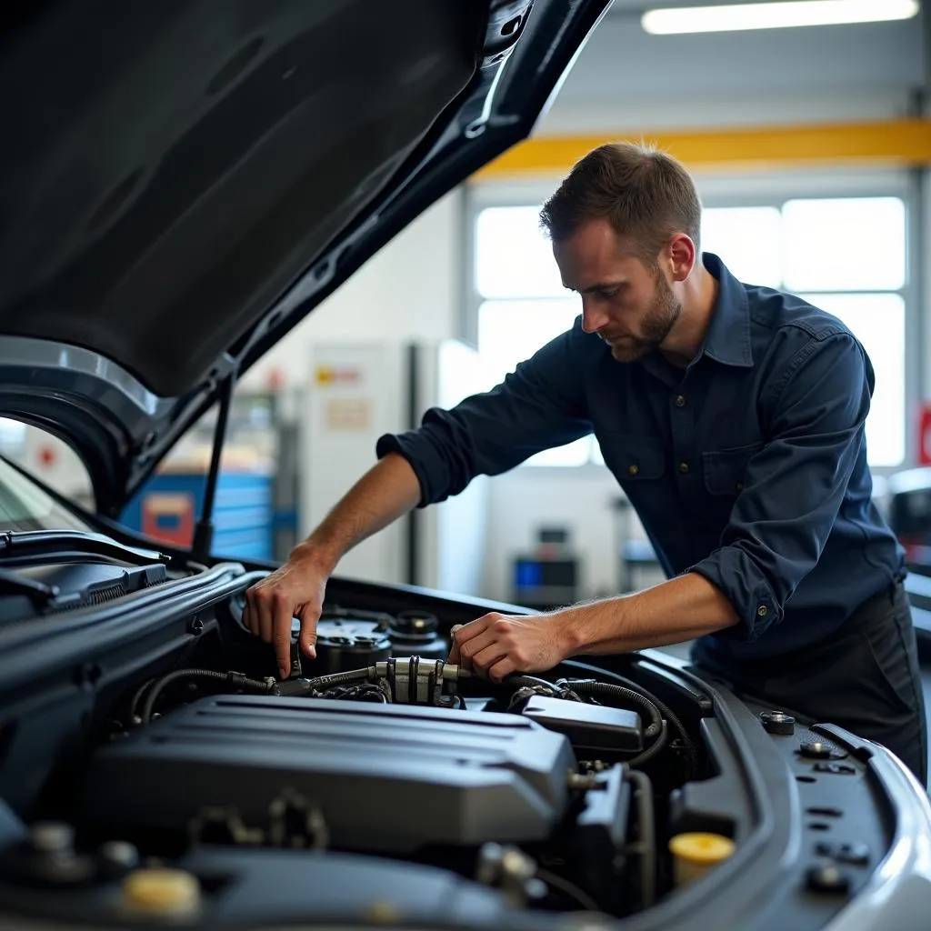 Mechanic Inspecting Cadillac Engine