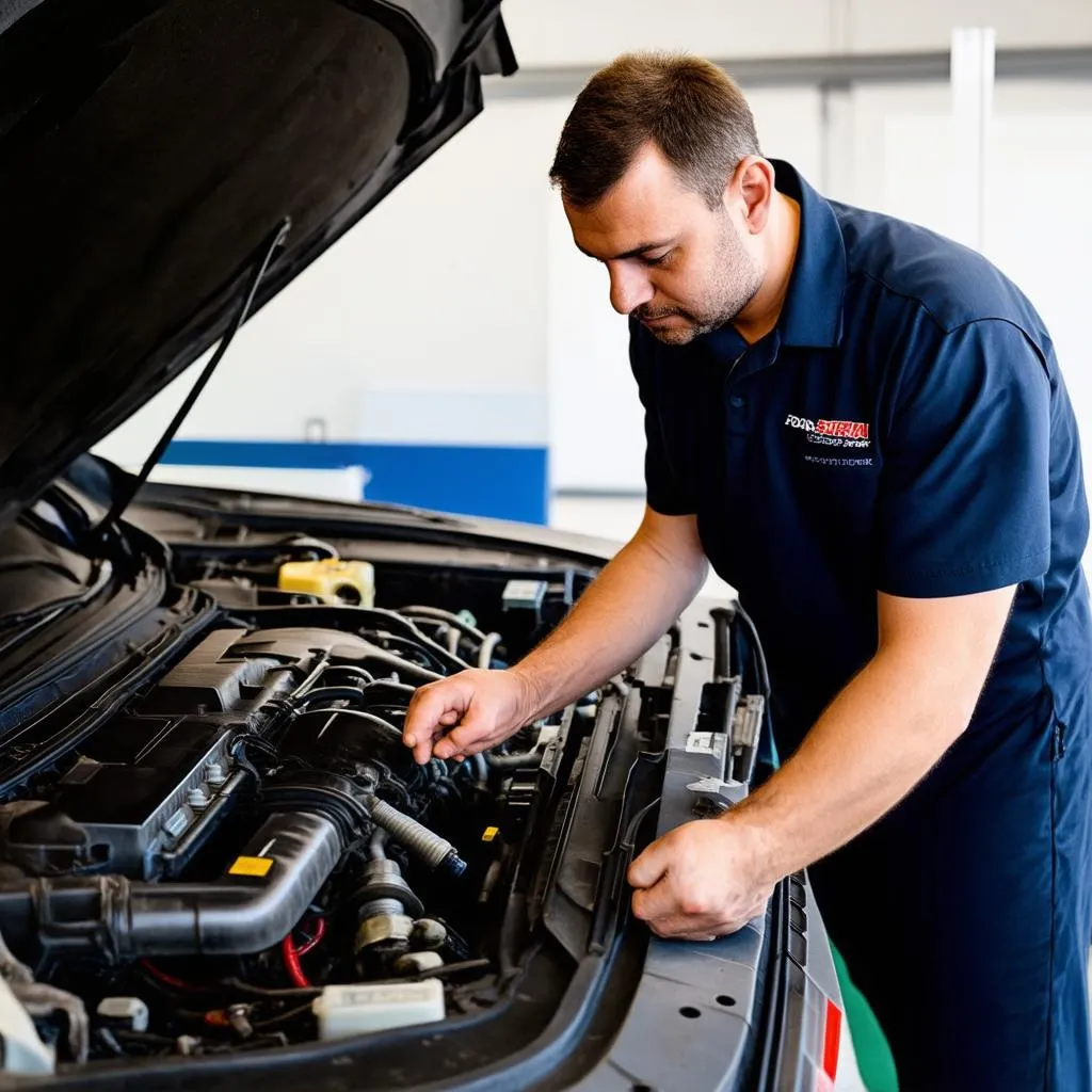 mechanic inspecting car