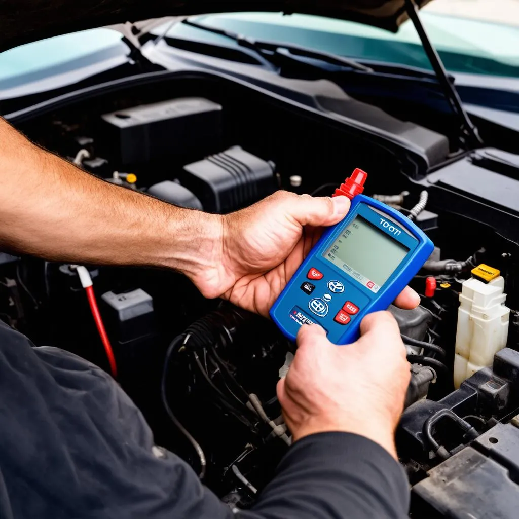 Mechanic inspecting a Toyota car with a diagnostic tool