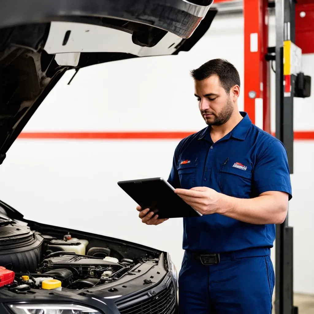 Mechanic inspecting car