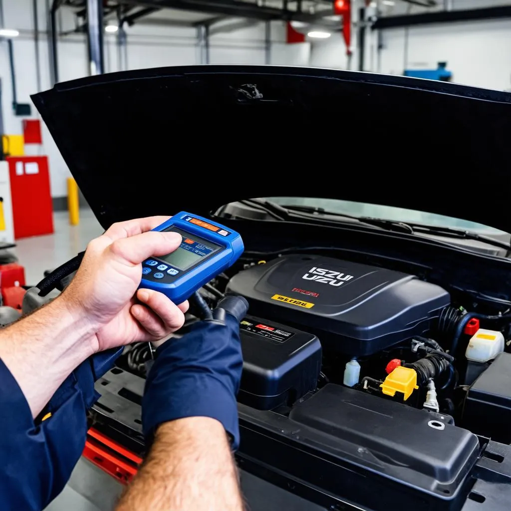 Mechanic inspecting a car with a diagnostic tool