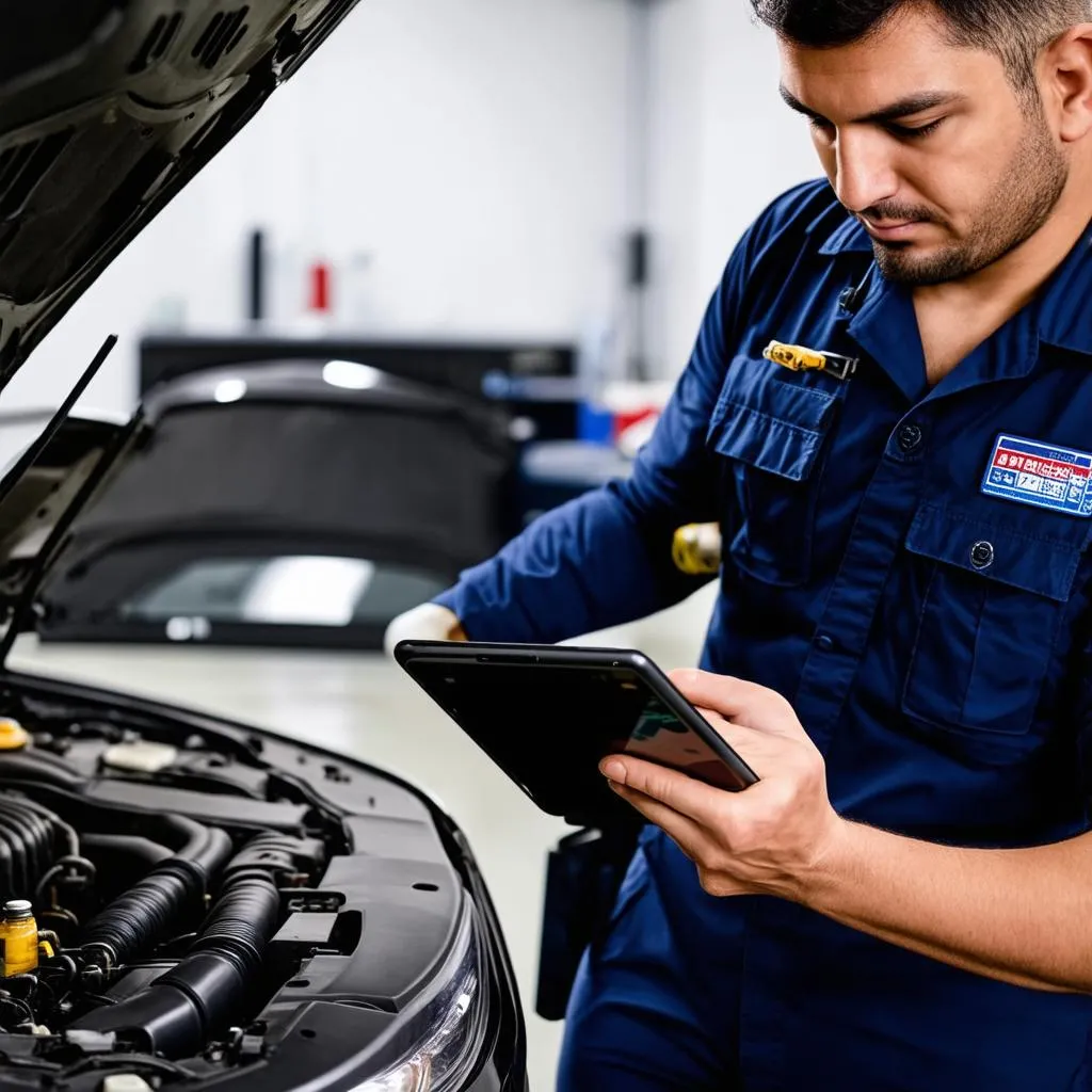 car mechanic inspecting car