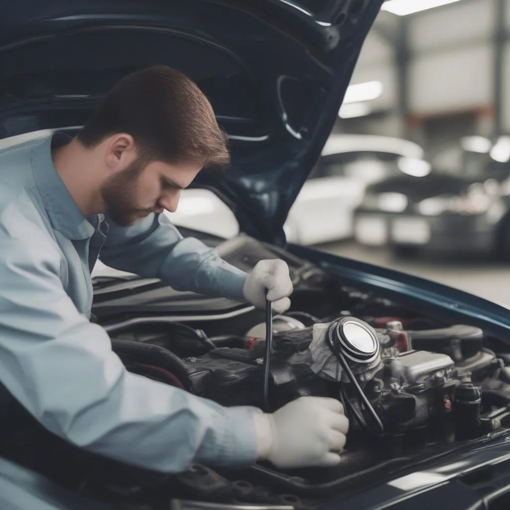 Mechanic inspecting car