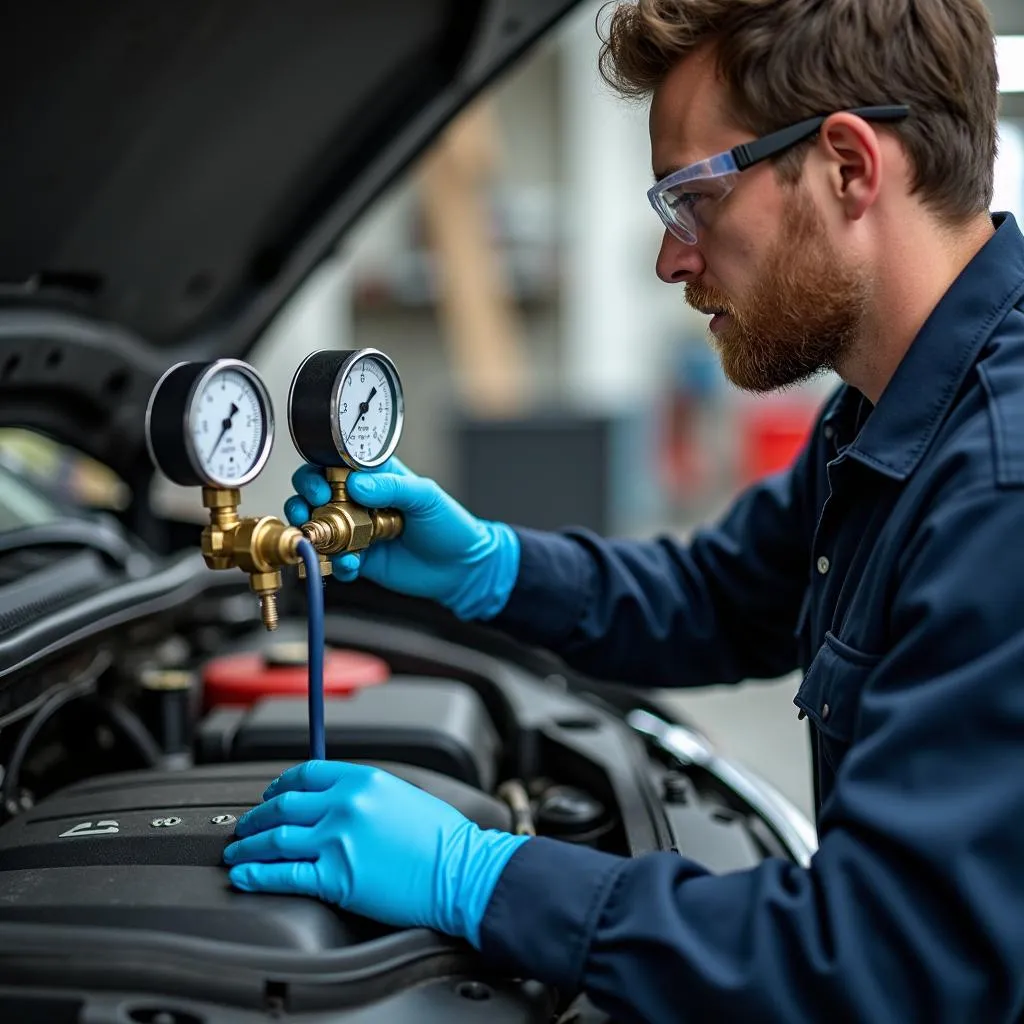 Mechanic Diagnosing Car A/C System