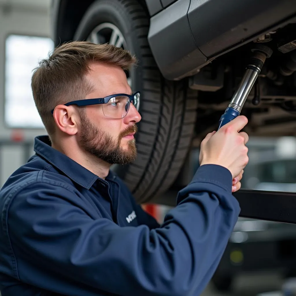 Mechanic Inspecting Car AC System