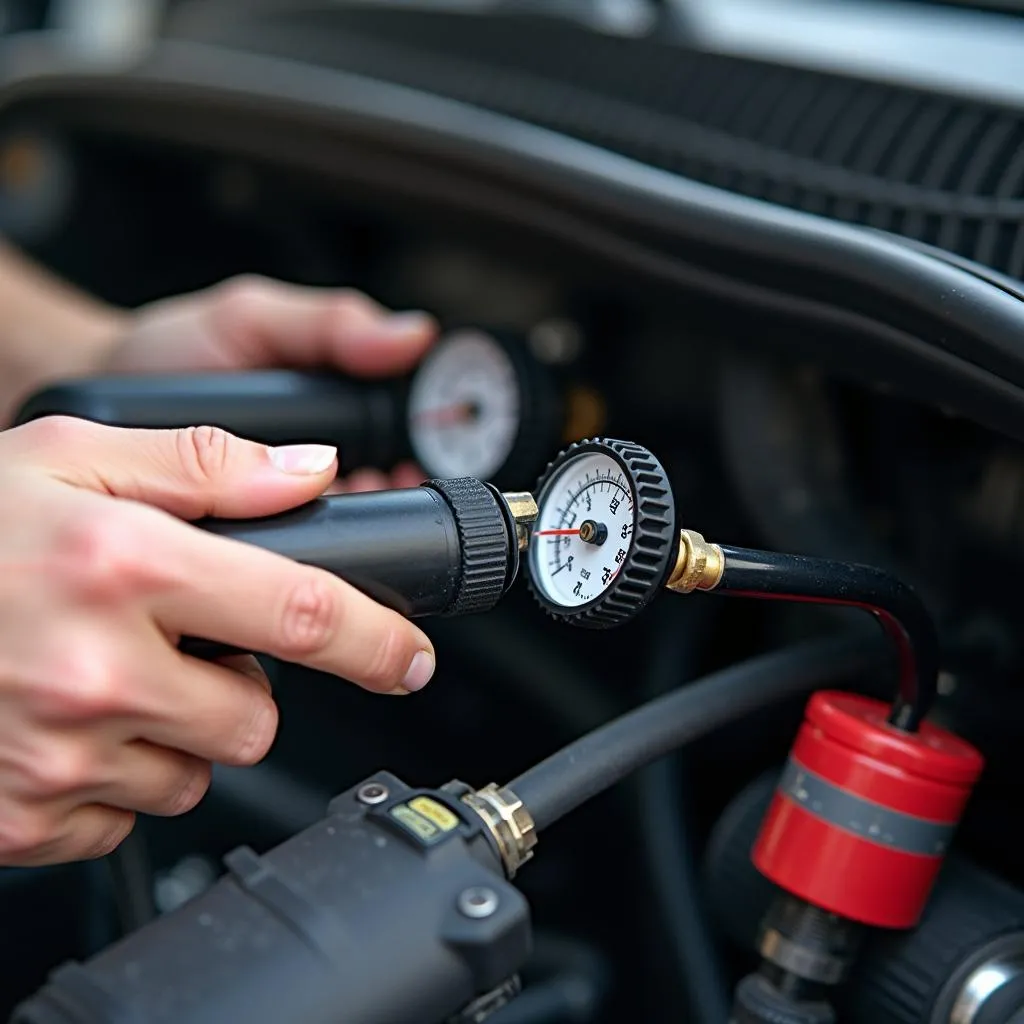 Mechanic inspecting car AC system