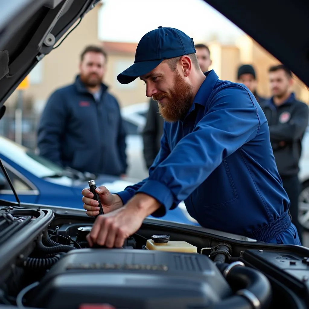 Mechanic Inspecting Car at Auction