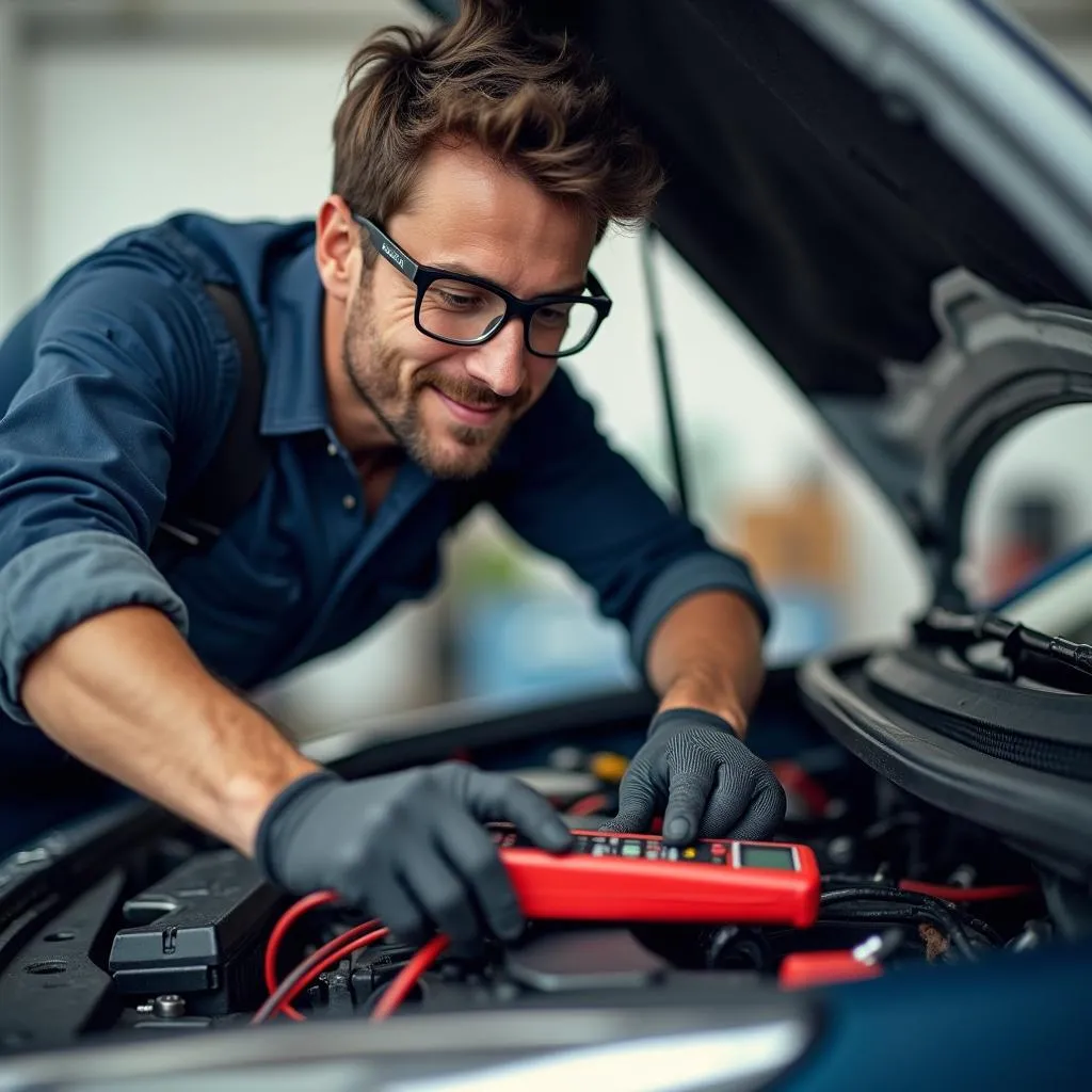 Mechanic Inspecting Car Battery