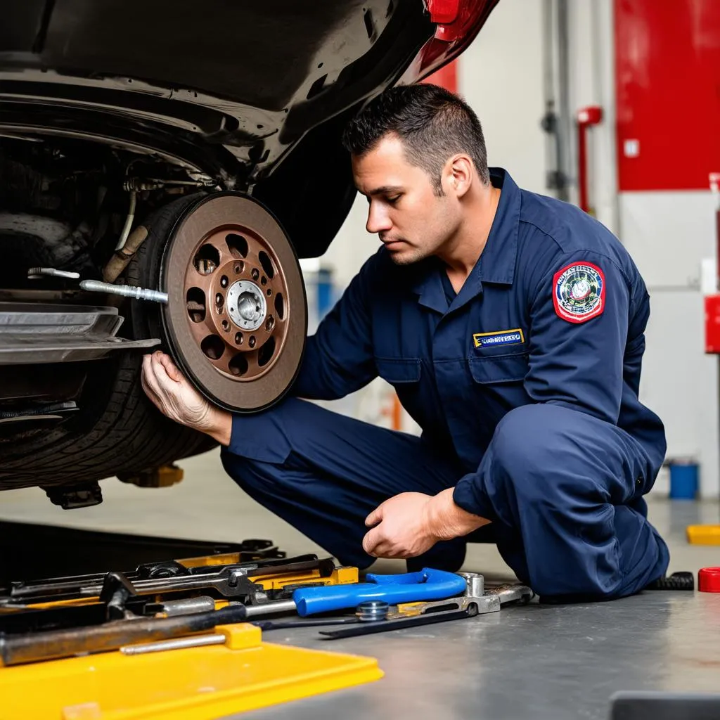 Mechanic Inspecting Car Brakes