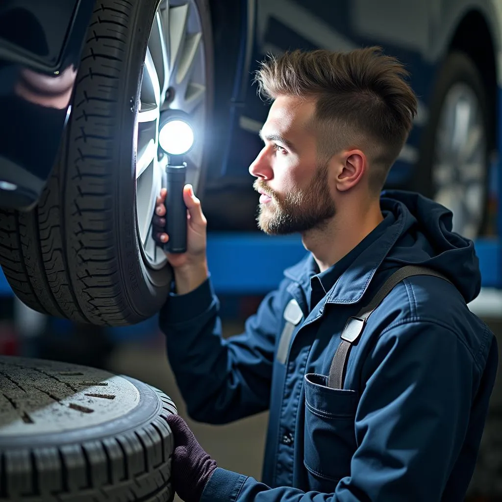 Mechanic inspecting a car's cooling system during winter.