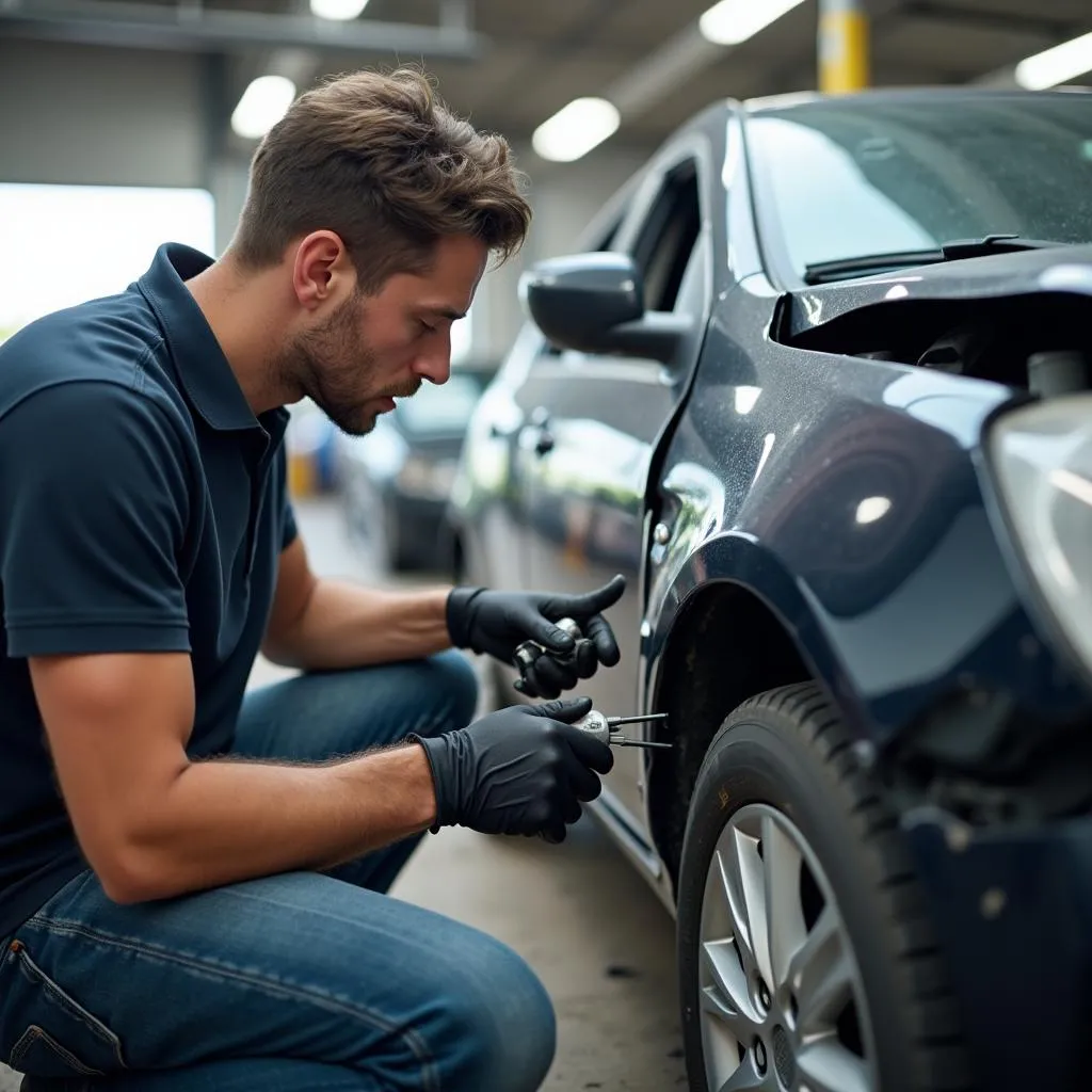 Mechanic Inspecting Car Damage