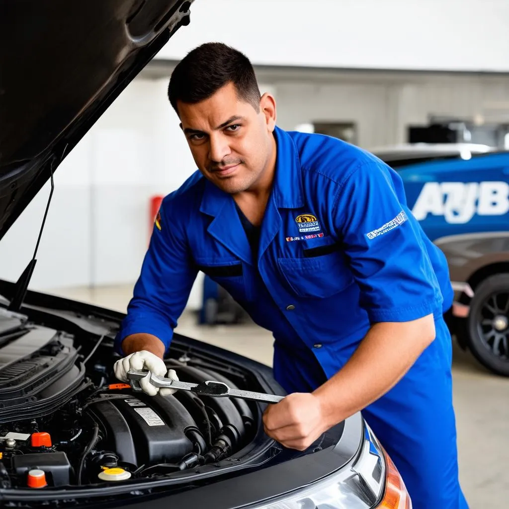 Mechanic inspecting car engine