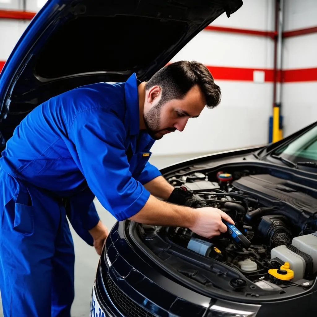 Mechanic inspecting car engine