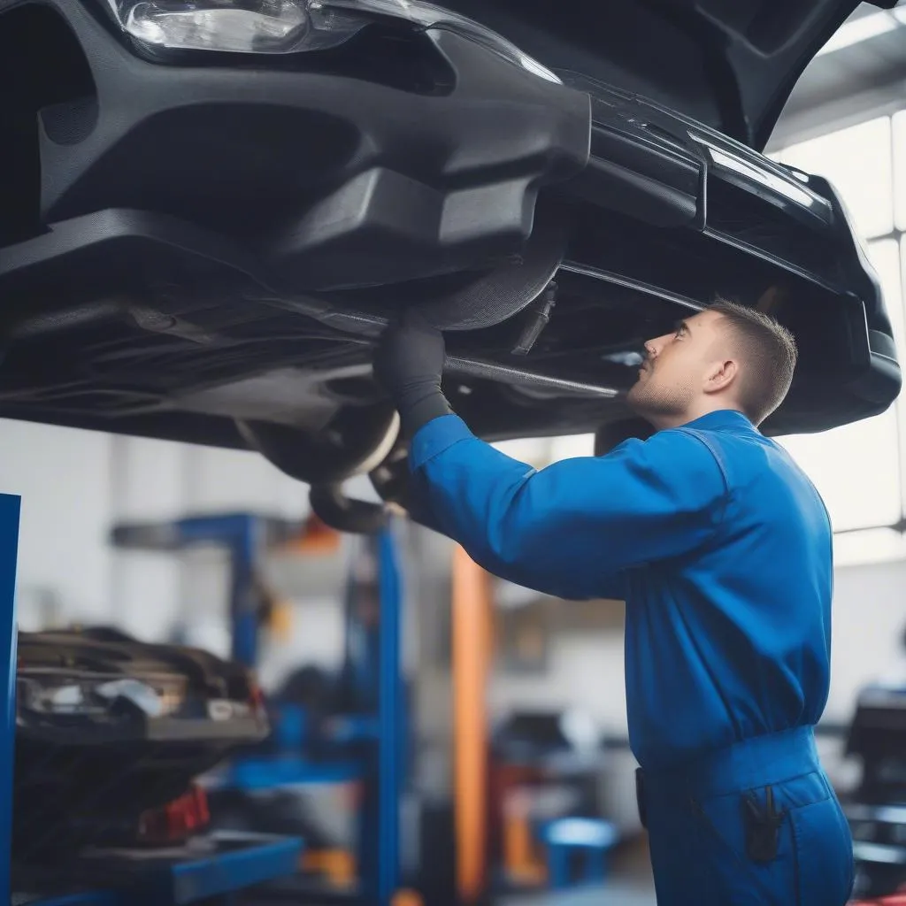 Mechanic inspecting the engine of a car in a repair shop