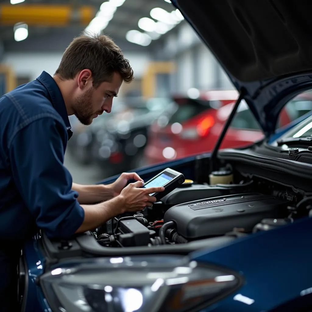 Mechanic inspecting car engine