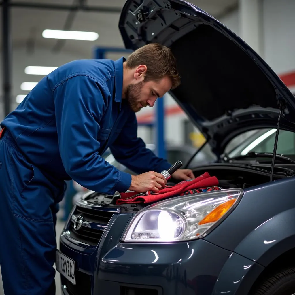 Mechanic inspecting a car engine for overheating issues