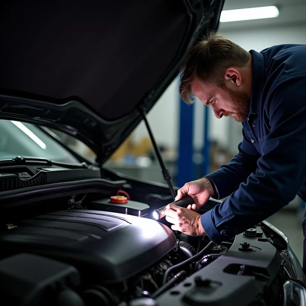 Mechanic Inspecting a Car Engine